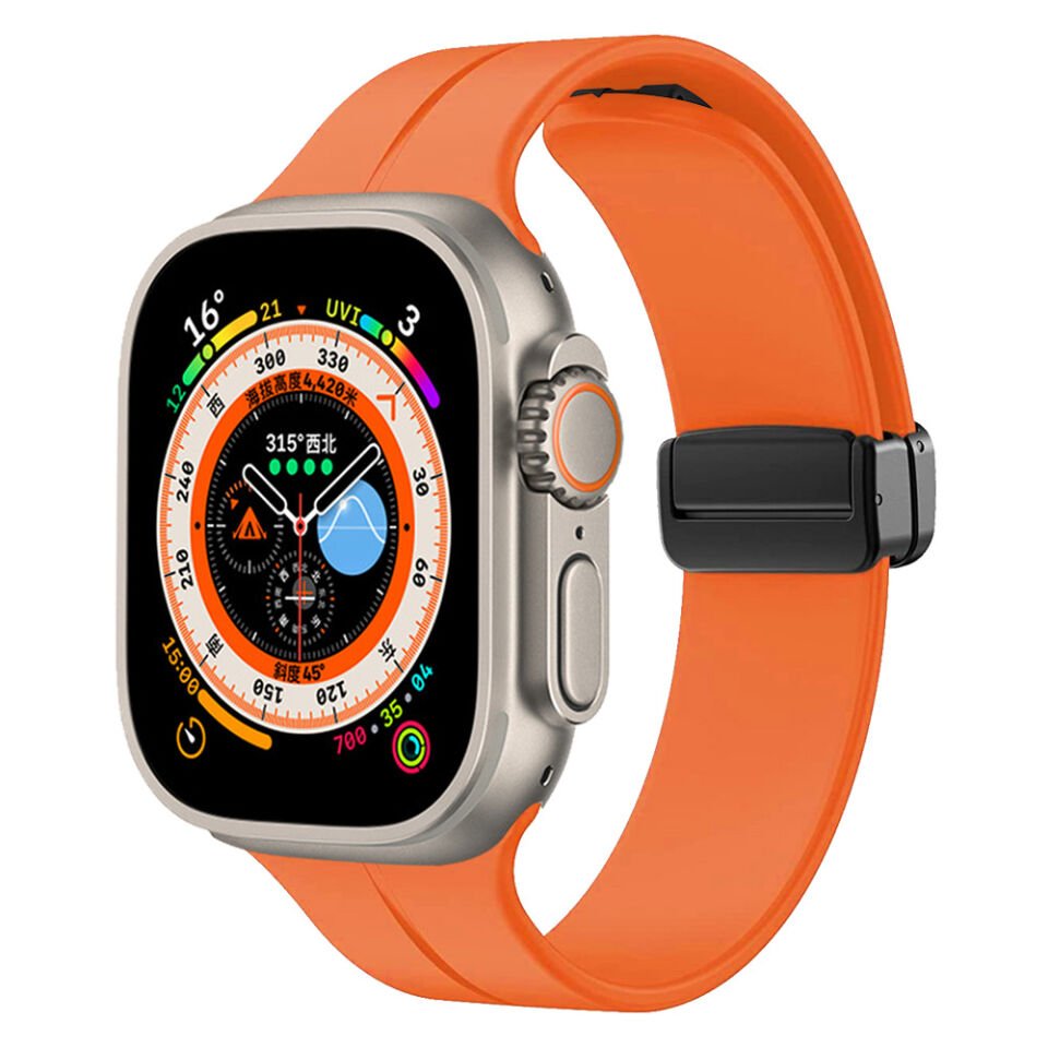 Apple Watch 2/3/4/5/6/7/8/9/se/ultra/nike 42mm 44mm 45mm 49mm Silikon Kordon Metal Tasarım (KRD-84) Turuncu