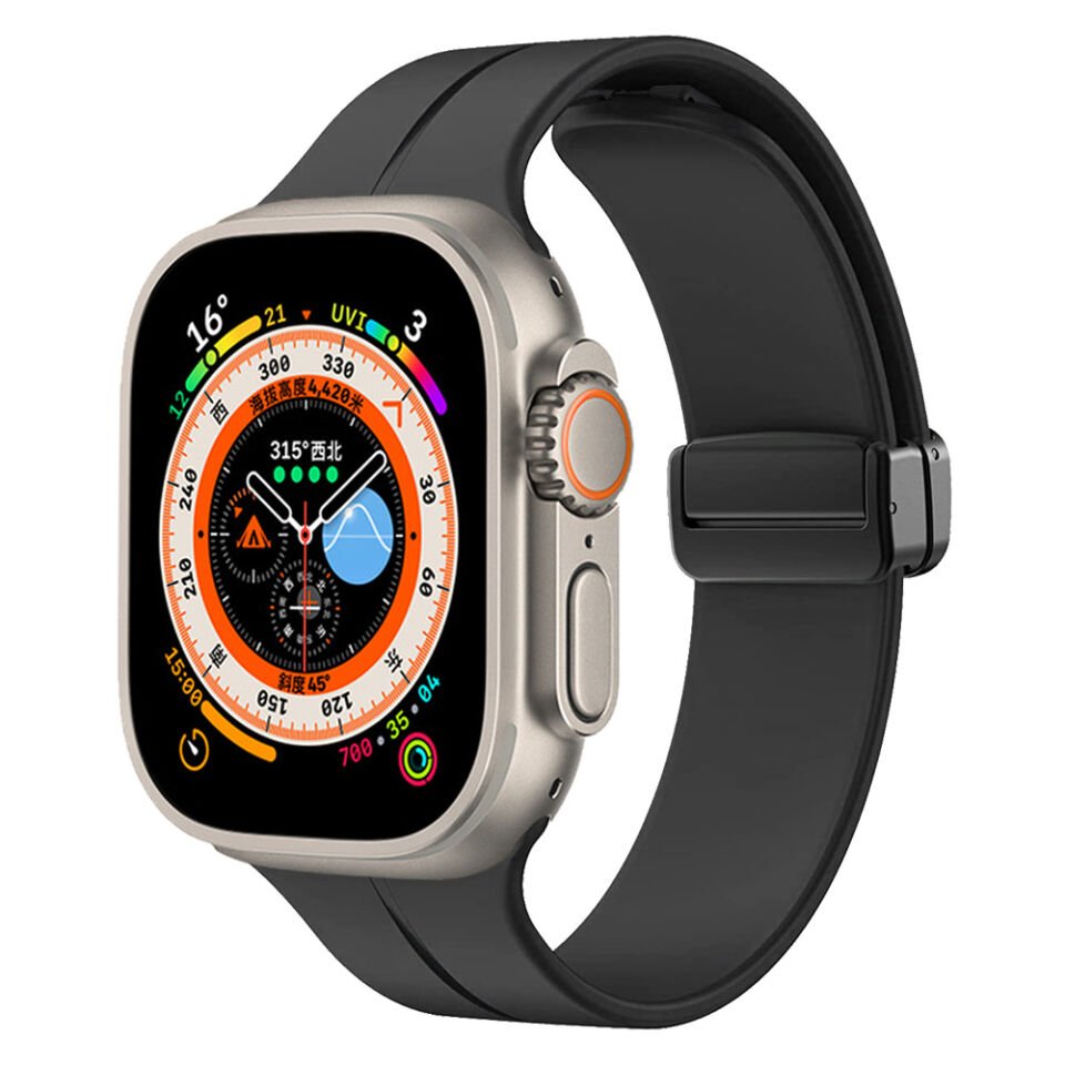 Apple Watch 2/3/4/5/6/7/8/9/se/ultra/nike 42mm 44mm 45mm 49mm Silikon Kordon Metal Tasarım (KRD-84) Siyah