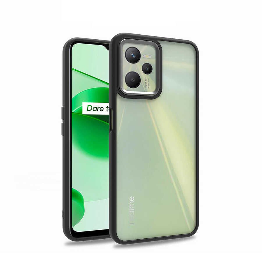 Realme C35 Kılıf Kamera Çıkıntılı Arkası Şeffaf Hassas Tuşlu Kenarlı Kapak (Flora) Siyah