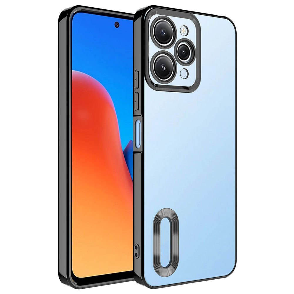 Xiaomi Redmi 12 Kılıf Kamera Lens Korumalı Logo Gösteren Parlak Kenarlı Kapak (OMEGA) Siyah