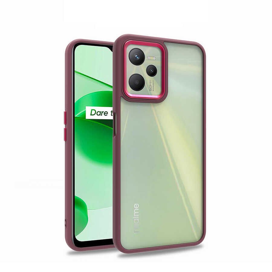Realme C35 Kılıf Kamera Çıkıntılı Arkası Şeffaf Hassas Tuşlu Kenarlı Kapak (Flora) Kırmızı