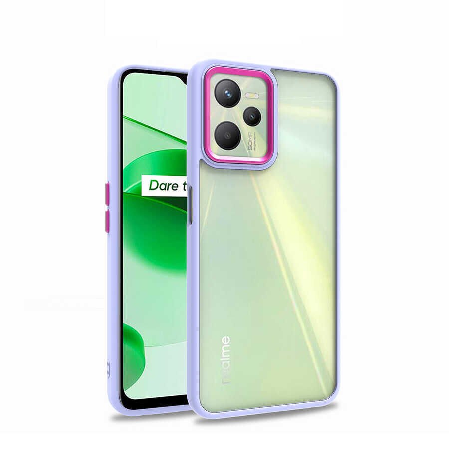 Realme C35 Kılıf Kamera Çıkıntılı Arkası Şeffaf Hassas Tuşlu Kenarlı Kapak (Flora) Lila