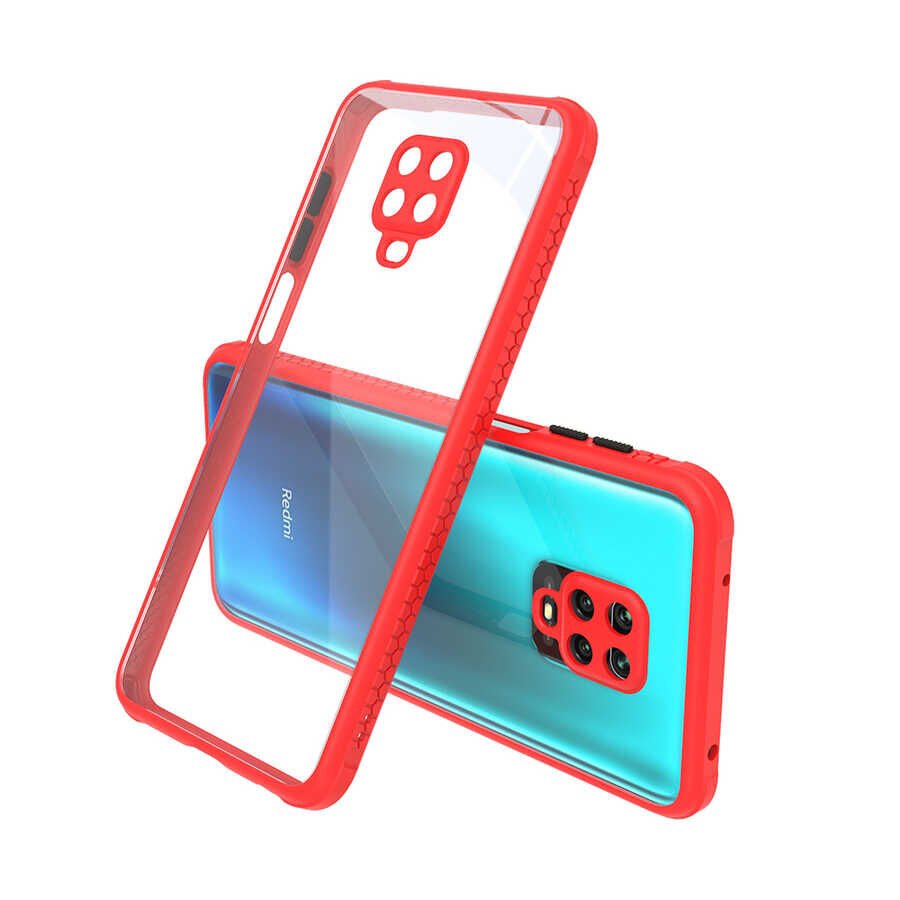 Xiaomi Redmi Note 9 Pro Kılıf Köşe Ve Kamera Korumalı Arkası Şeffaf Renkli Tuşlu Kapak (KAFF) Kırmızı