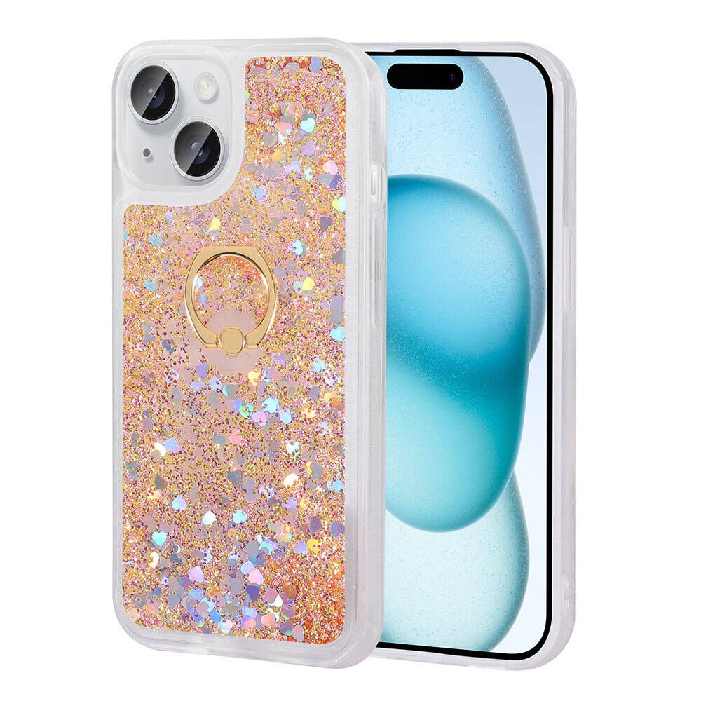 Apple iPhone 15 Kılıf Sıvılı Akışkanlı Desenli Simli Yüzüklü Silikon Kapak (MİLCE) Gold