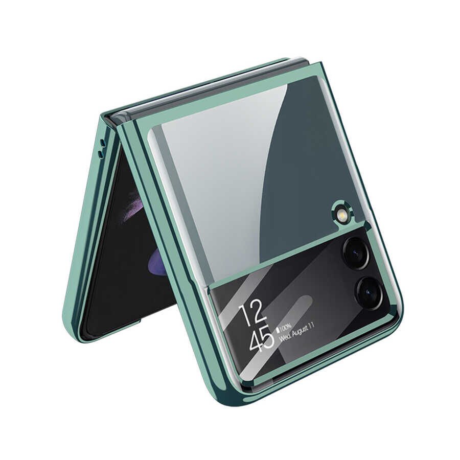 Samsung Galaxy Z Flip 4 Kılıf Kamera Lens Korumalı Kenarları Renkli Parlak Sert Şeffaf Kapak Mor