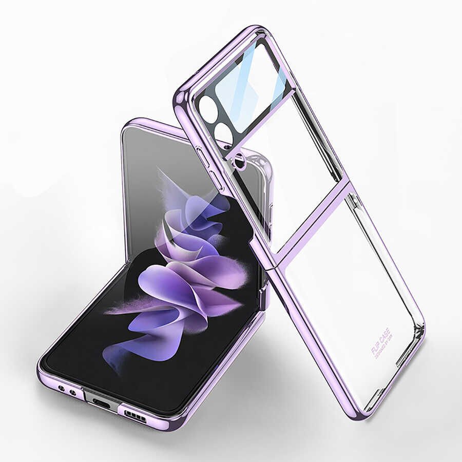 Samsung Galaxy Z Flip 4 Kılıf Kamera Lens Korumalı Kenarları Renkli Parlak Sert Şeffaf Kapak Mor