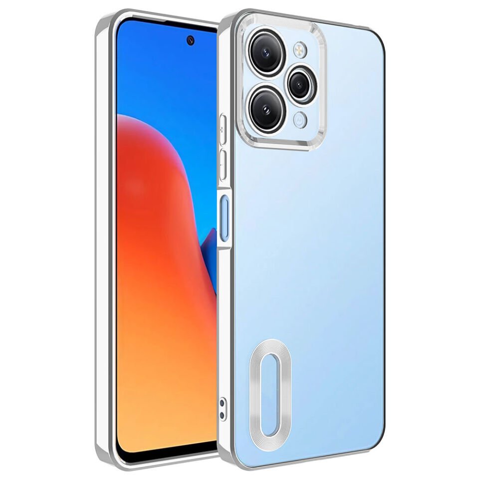 Xiaomi Redmi 12 Kılıf Kamera Lens Korumalı Logo Gösteren Parlak Kenarlı Kapak (OMEGA) Gümüş