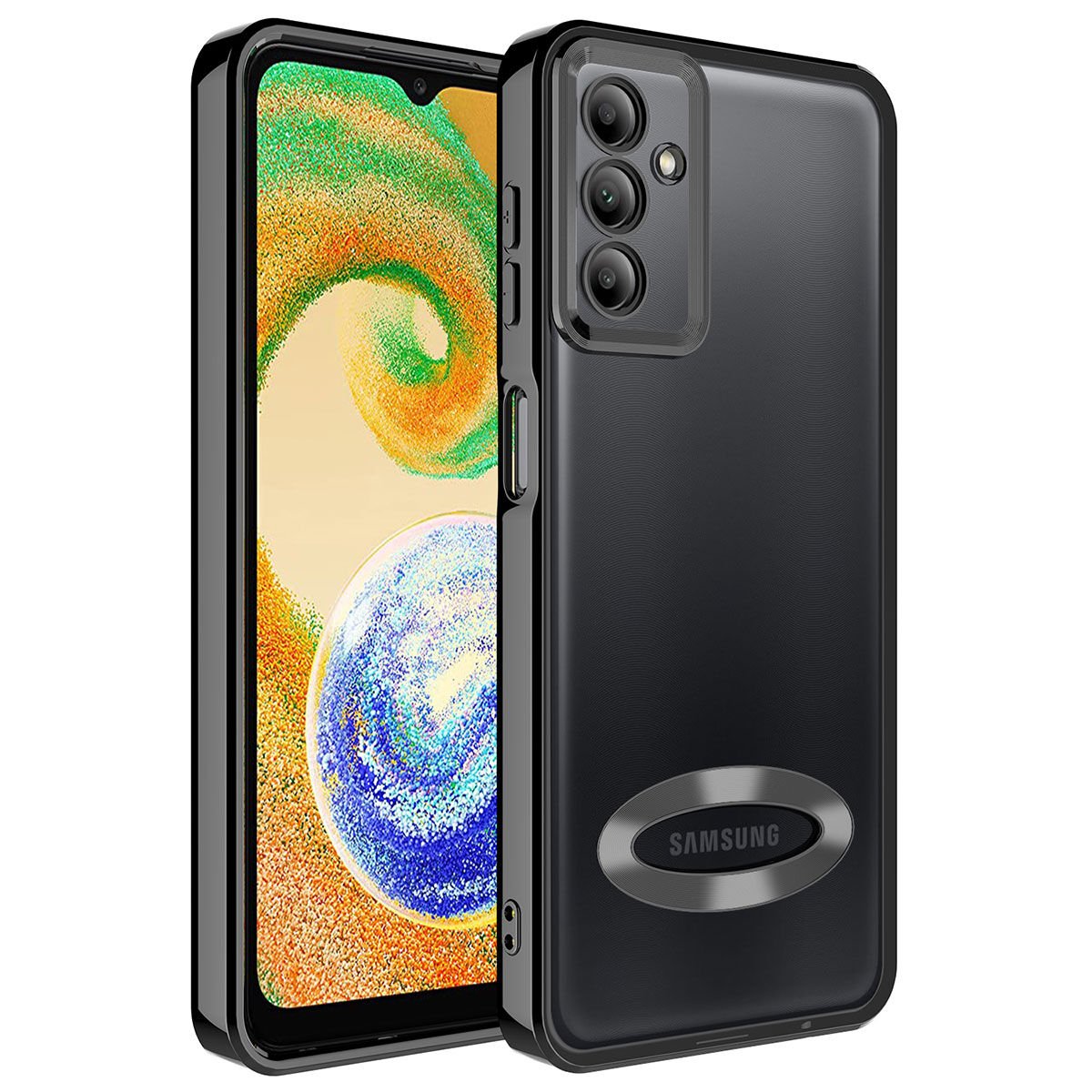 Samsung Galaxy A24 Kılıf Kamera Lens Korumalı Logo Gösteren Parlak Kenarlı Kapak (OMEGA) Siyah