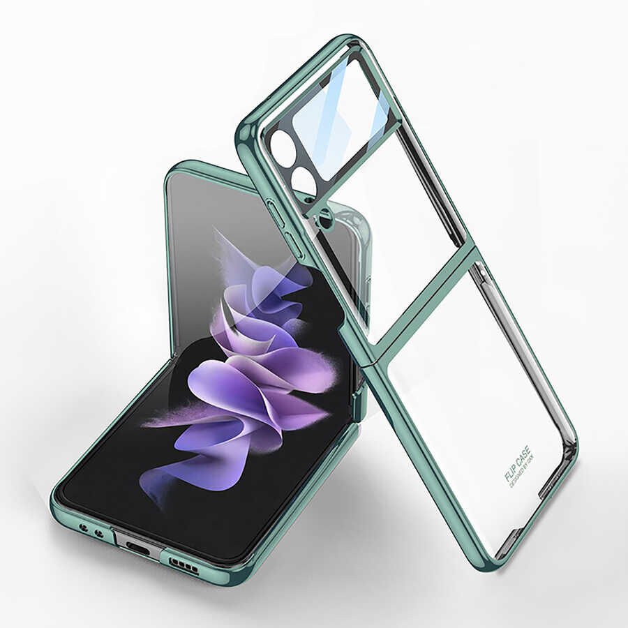 Samsung Galaxy Z Flip 4 Kılıf Kamera Lens Korumalı Kenarları Renkli Parlak Sert Şeffaf Kapak Koyu Yeşil