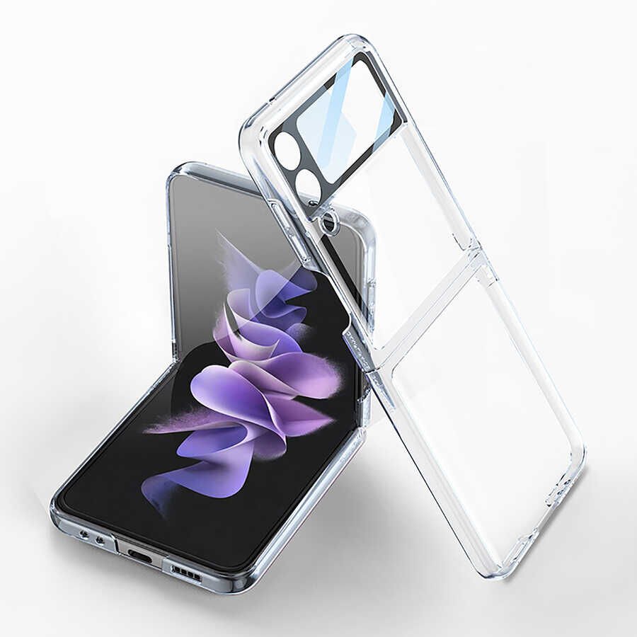 Samsung Galaxy Z Flip 4 Kılıf Kamera Lens Korumalı Kenarları Renkli Parlak Sert Şeffaf Kapak Renksiz