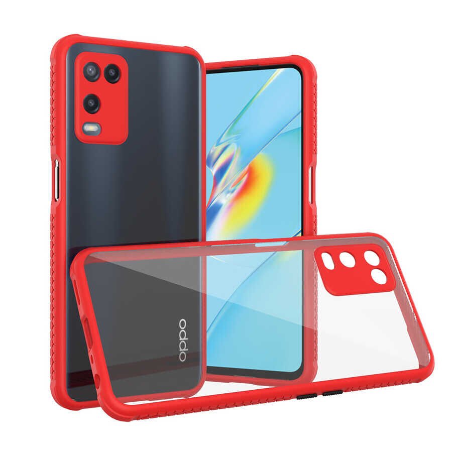 Oppo A54 4G Kılıf Köşe Ve Kamera Korumalı Arkası Şeffaf Renkli Tuşlu Kapak (KAFF) Kırmızı