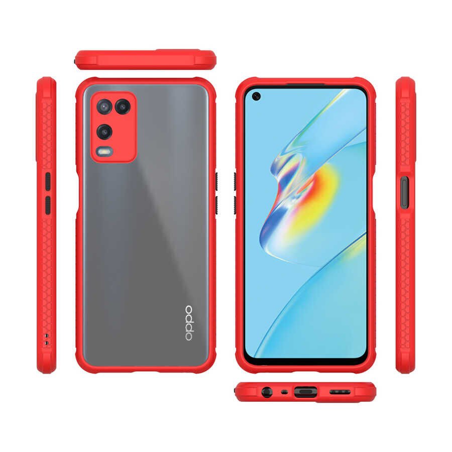 Oppo A54 4G Kılıf Köşe Ve Kamera Korumalı Arkası Şeffaf Renkli Tuşlu Kapak (KAFF) Kırmızı