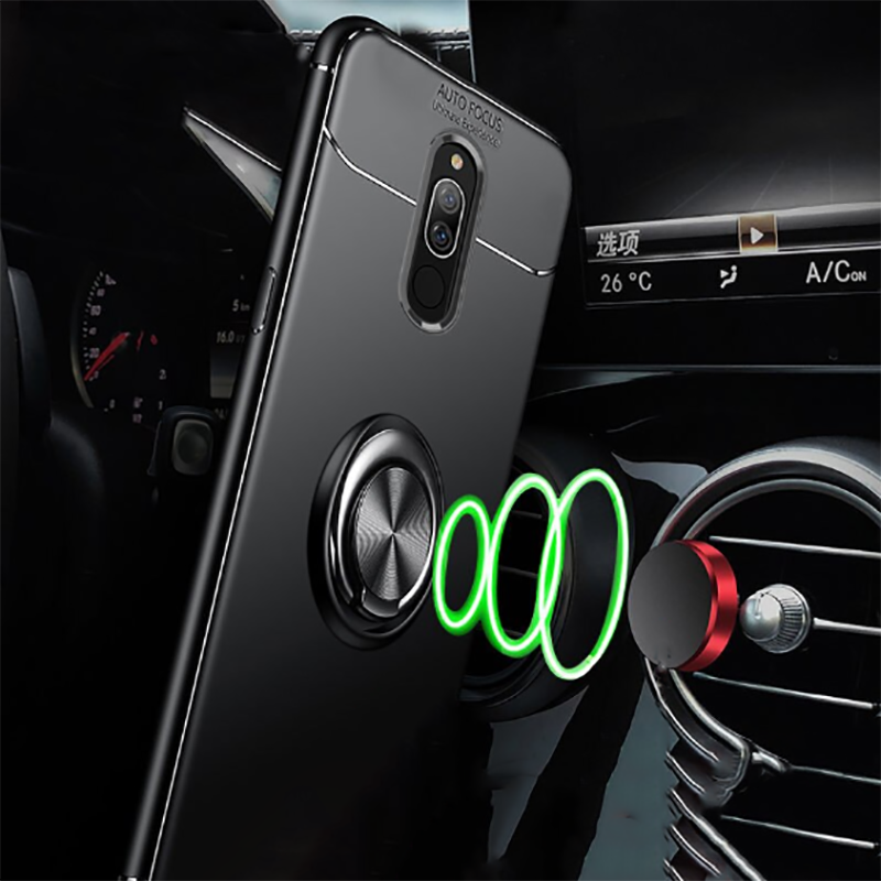 Xiaomi Redmi 8 Kılıf Kamera Çıkıntılı Renkli Yüzüklü Standlı Mıknatıslı Kapak (RAVEL) Siyah-Mavi