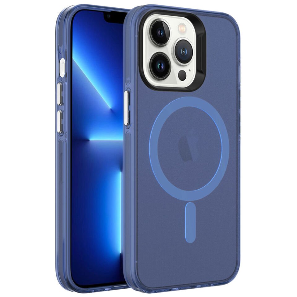 Apple  iPhone 13 Pro Max Kılıf Kamera Çıkıntılı Magsafe Şarj Destekli Buzlu Transparan Kapak (C-Pro) Lacivert