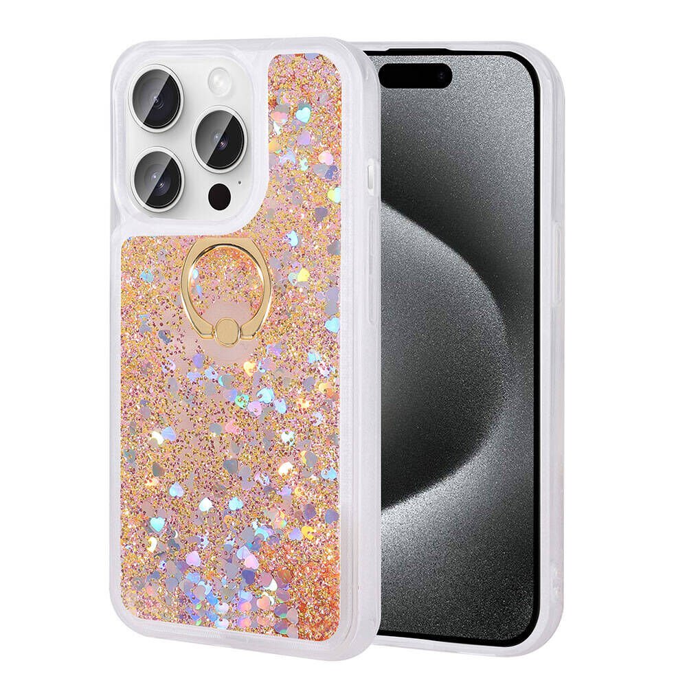 Apple iPhone 15 Pro Kılıf Sıvılı Akışkanlı Desenli Simli Yüzüklü Silikon Kapak (MİLCE) Gold