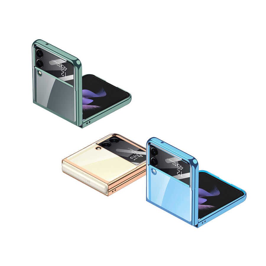Samsung Galaxy Z Flip 4 Kılıf Kamera Lens Korumalı Kenarları Renkli Parlak Sert Şeffaf Kapak Mavi Açık