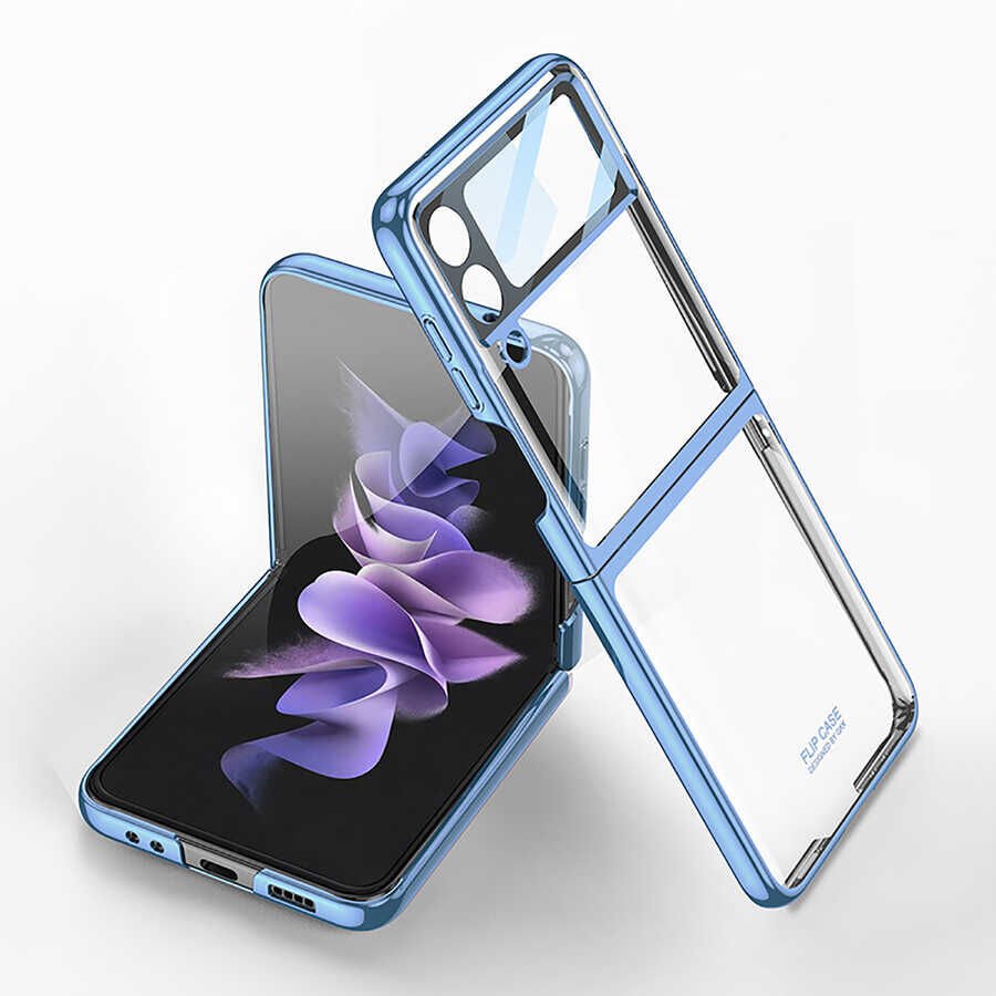 Samsung Galaxy Z Flip 4 Kılıf Kamera Lens Korumalı Kenarları Renkli Parlak Sert Şeffaf Kapak Mavi Açık