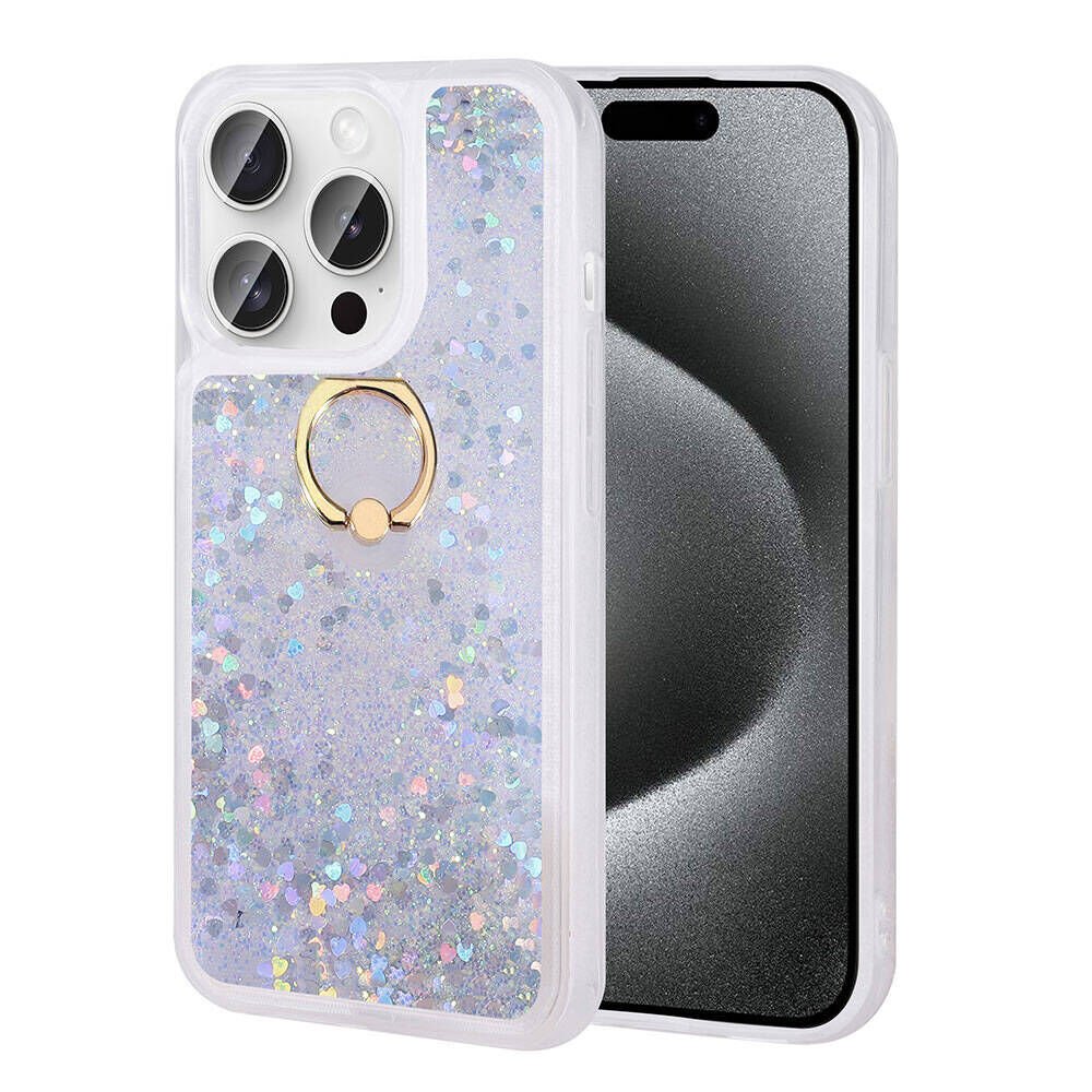 Apple iPhone 15 Pro Kılıf Sıvılı Akışkanlı Desenli Simli Yüzüklü Silikon Kapak (MİLCE) Gümüş