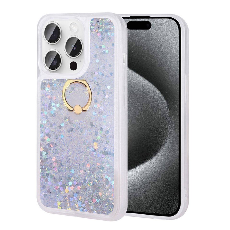 Apple iPhone 15 Pro Kılıf Sıvılı Akışkanlı Desenli Simli Yüzüklü Silikon Kapak (MİLCE) Gümüş