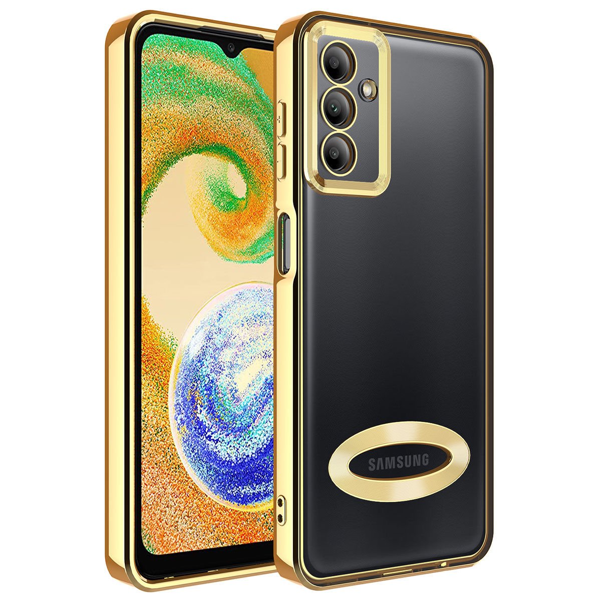 Samsung Galaxy A24 Kılıf Kamera Lens Korumalı Logo Gösteren Parlak Kenarlı Kapak (OMEGA) Gold