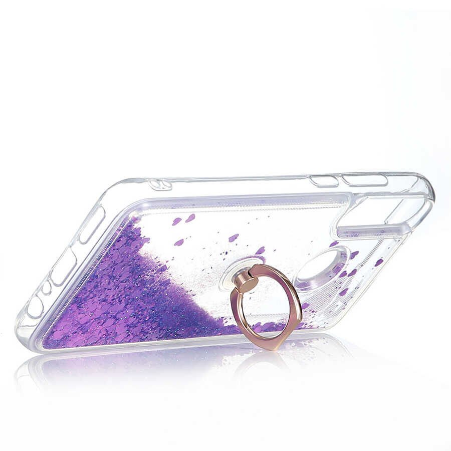 Huawei Y6P Kılıf Sıvılı Akışkanlı Desenli Simli Yüzüklü Silikon Kapak (MİLCE) Mor