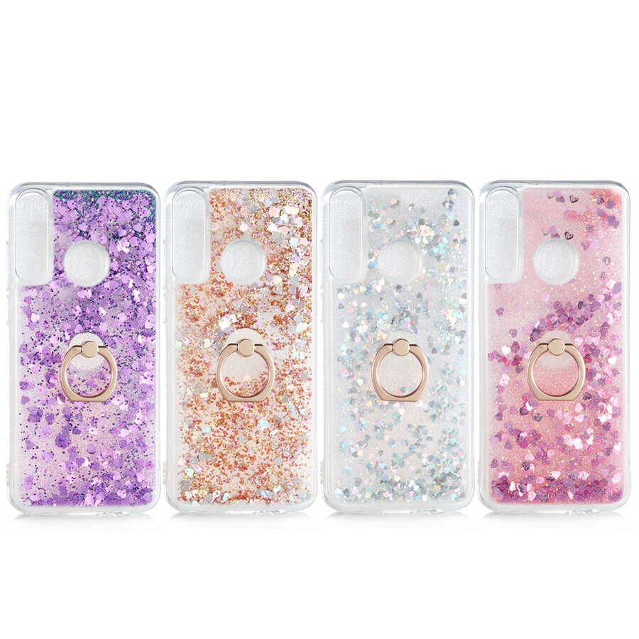 Huawei Y6P Kılıf Sıvılı Akışkanlı Desenli Simli Yüzüklü Silikon Kapak (MİLCE) Mor