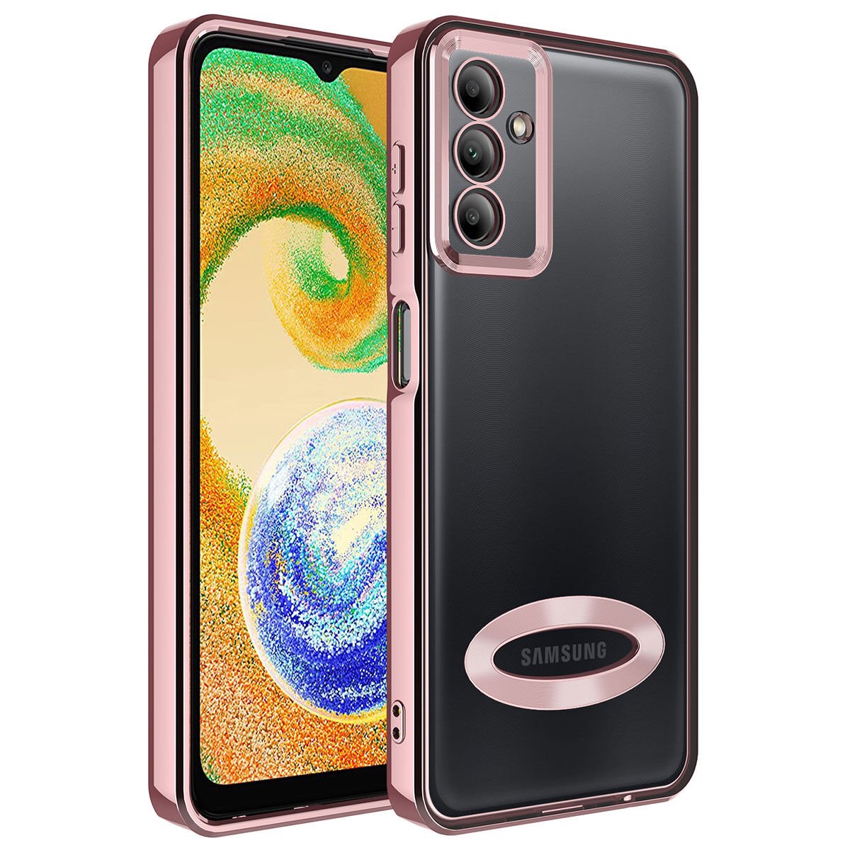 Samsung Galaxy A24 Kılıf Kamera Lens Korumalı Logo Gösteren Parlak Kenarlı Kapak (OMEGA) Rose Gold