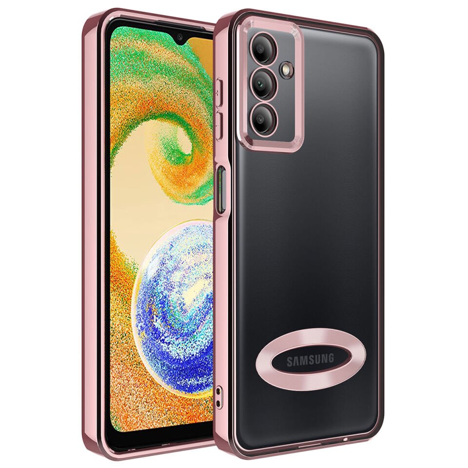 Samsung Galaxy A24 Kılıf Kamera Lens Korumalı Logo Gösteren Parlak Kenarlı Kapak (OMEGA) Rose Gold