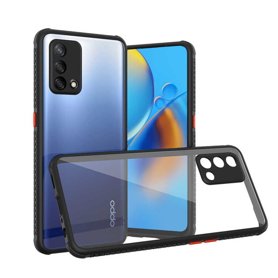 Oppo A74 4G Kılıf Köşe Ve Kamera Korumalı Arkası Şeffaf Renkli Tuşlu Kapak (KAFF) Siyah