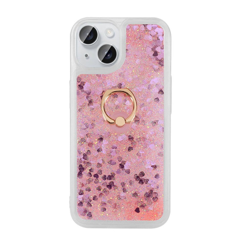 Apple iPhone 15 Plus Kılıf Sıvılı Akışkanlı Desenli Simli Yüzüklü Silikon Kapak (MİLCE) Gold