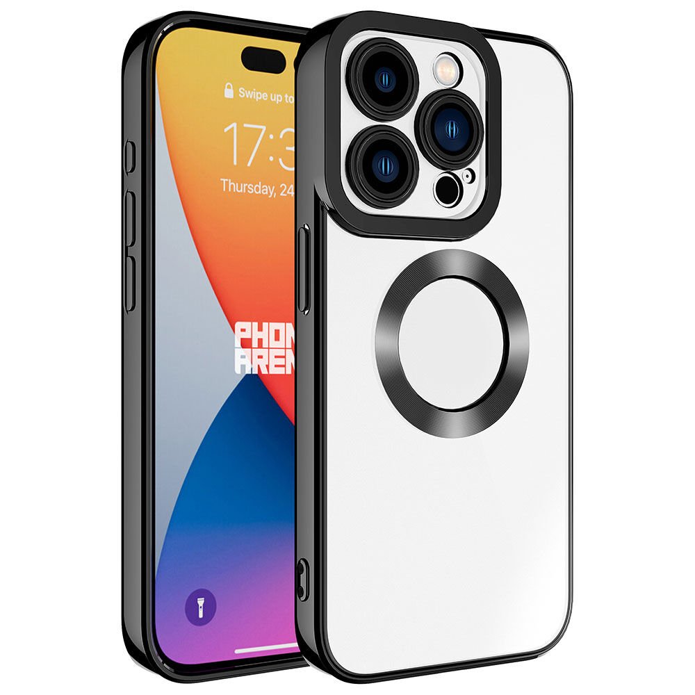 iPhone 15 Pro Kılıf Kamera Lens Korumalı Logo Gösteren Parlak Kenarlı Kapak (OMEGA) Siyah