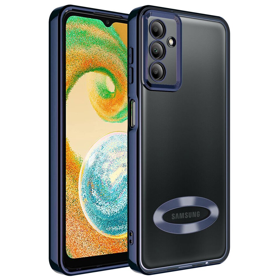 Samsung Galaxy A34 Kılıf Kamera Lens Korumalı Logo Gösteren Parlak Kenarlı Kapak (OMEGA) Lacivert