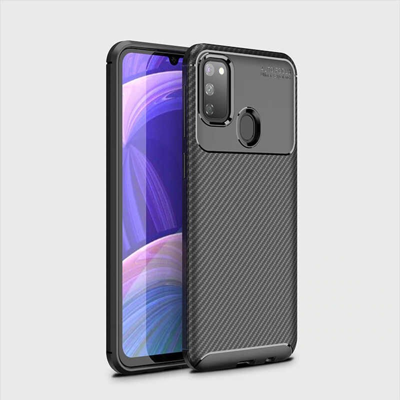 Samsung Galaxy M30S Kılıf Kamera Çıkıntılı Karbon Fiber Dokulu Renk Atmaz Kapak (NEGRO) Lacivert