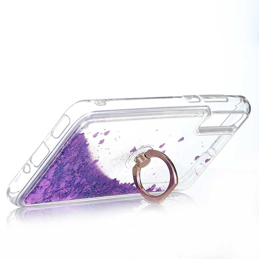 Huawei P Smart S (Y8P) Kılıf Sıvılı Akışkanlı Desenli Simli Yüzüklü Silikon Kapak (MİLCE) Mor