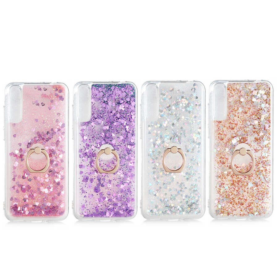 Huawei P Smart S (Y8P) Kılıf Sıvılı Akışkanlı Desenli Simli Yüzüklü Silikon Kapak (MİLCE) Mor