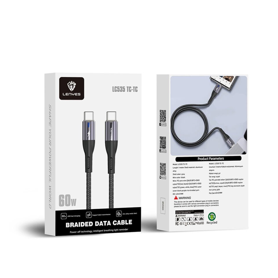 Lenyes LC535 Type-C to Type-C Hızlı Şarj Özellikli Data ve Şarj Kablosu 60W 1M