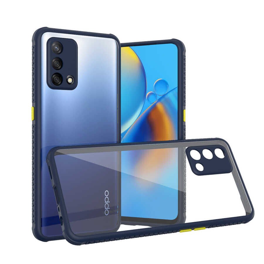 Oppo A74 4G Kılıf Köşe Ve Kamera Korumalı Arkası Şeffaf Renkli Tuşlu Kapak (KAFF) Lacivert