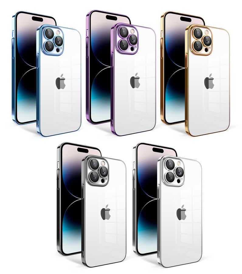 Apple  iPhone 14 Pro Kılıf Kamera Korumalı Çerçeveli Arkası Şeffaf Sert Kapak (Garaj) Gold