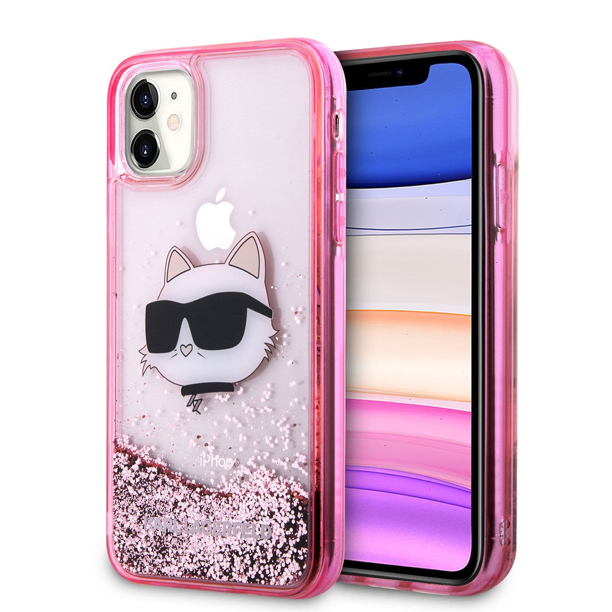 Apple iPhone 11 Kılıf Karl Lagerfeld Sıvılı Simli Choupette Head Dizayn Kapak