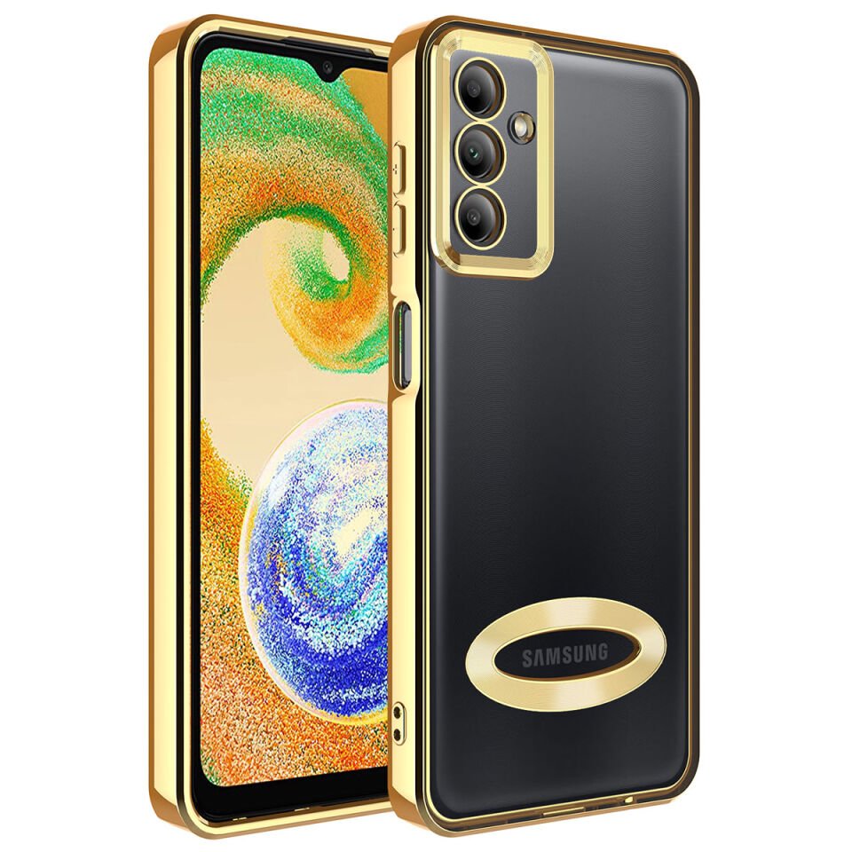Samsung Galaxy A34 Kılıf Kamera Lens Korumalı Logo Gösteren Parlak Kenarlı Kapak (OMEGA) Gold