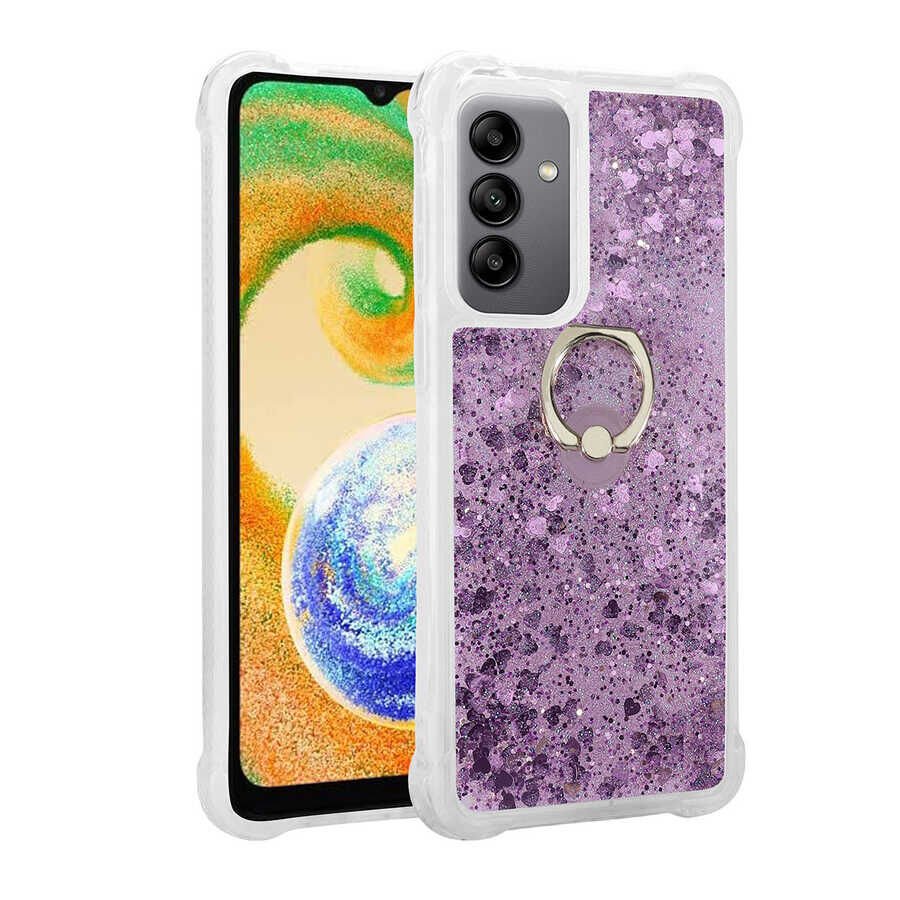 Samsung Galaxy A54 Kılıf Sıvılı Akışkanlı Desenli Simli Yüzüklü Silikon Kapak (MİLCE) Mor