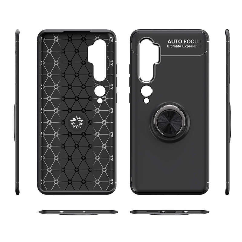 Xiaomi Mi Note 10 Kılıf Kamera Çıkıntılı Renkli Yüzüklü Standlı Mıknatıslı Kapak (RAVEL) Siyah-Mavi