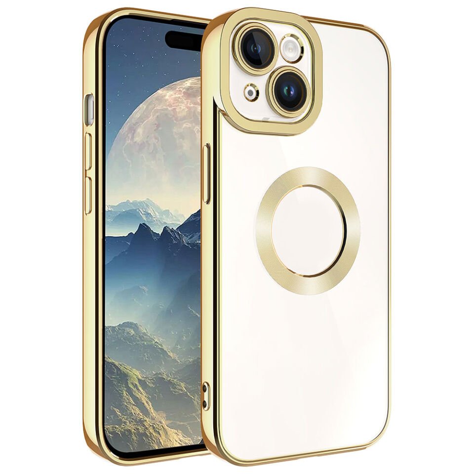 iPhone 15 Plus Kılıf Kamera Lens Korumalı Logo Gösteren Parlak Kenarlı Kapak (OMEGA) Gold