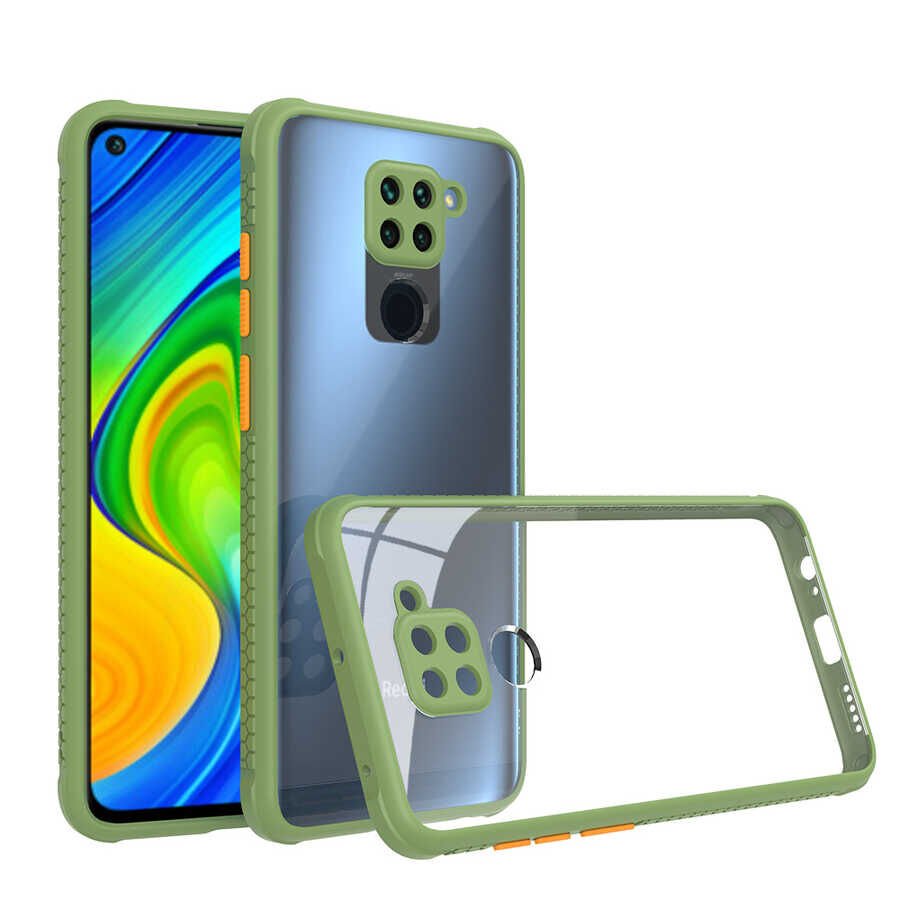 Xiaomi Redmi Note 9 Kılıf Köşe Ve Kamera Korumalı Arkası Şeffaf Renkli Tuşlu Kapak (KAFF) Koyu Yeşil