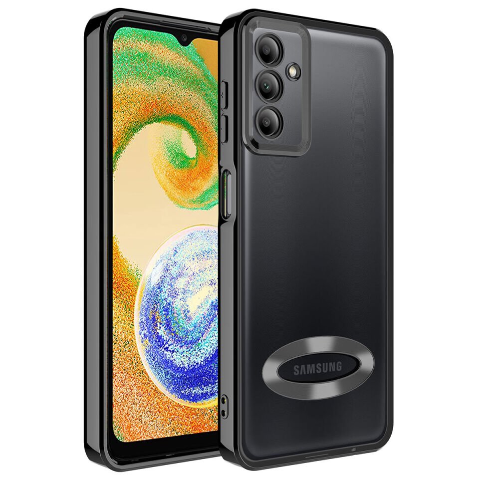 Samsung Galaxy A54 Kılıf Kamera Lens Korumalı Logo Gösteren Parlak Kenarlı Kapak (OMEGA) Siyah