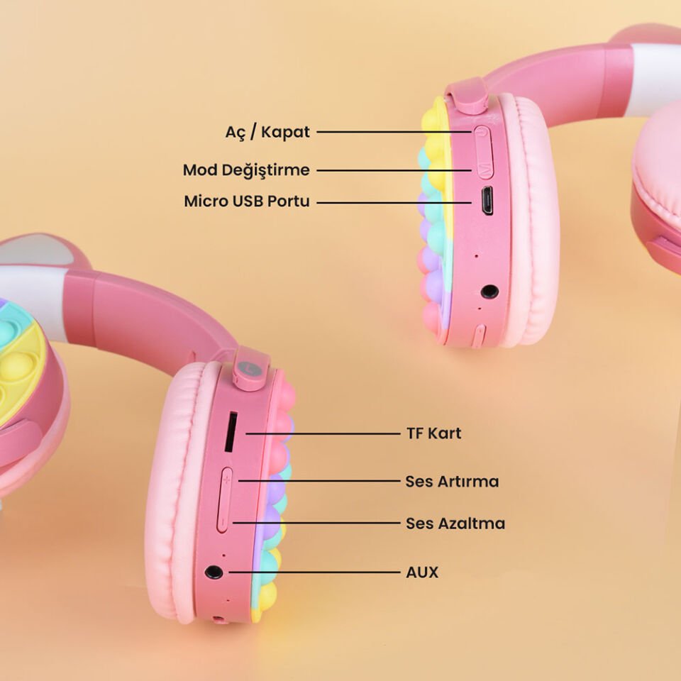 RGB Led Işıklı Kedi Kulağı Band Tasarımı Katlanabilir Kulak Üstü Bluetooth Kulaklık (CXT-950) Mavi