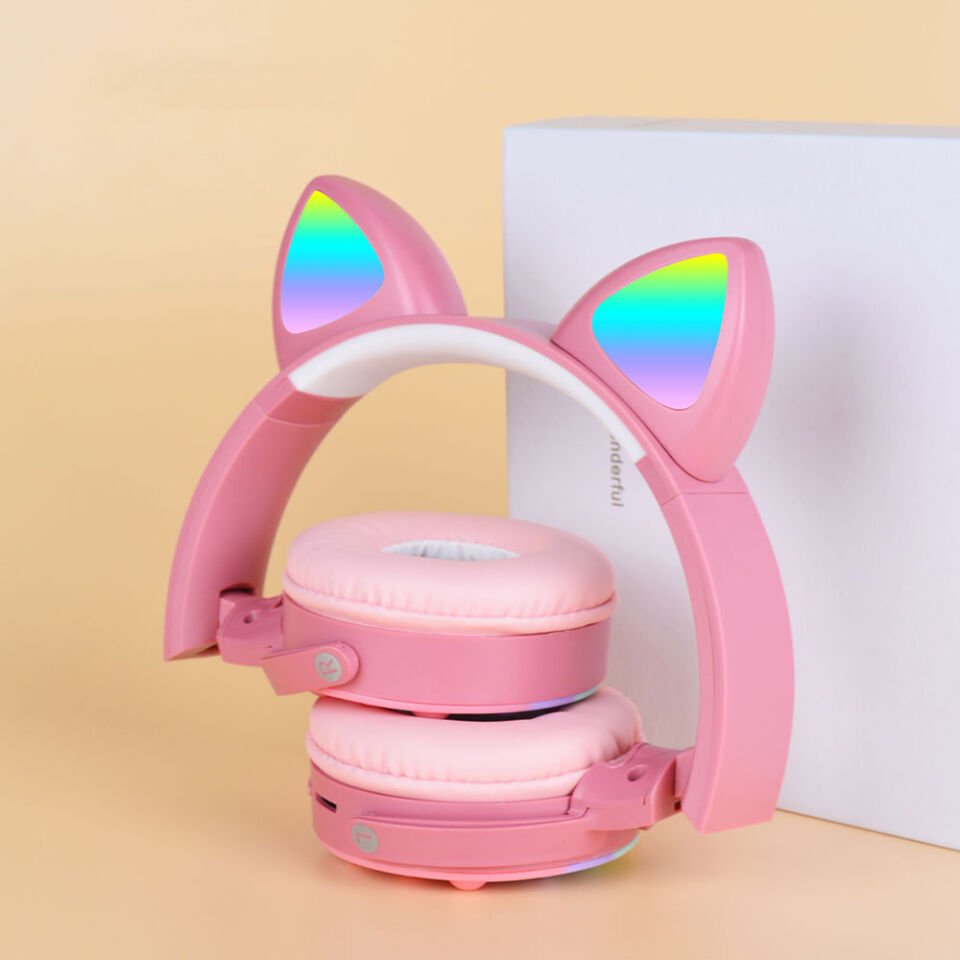 RGB Led Işıklı Kedi Kulağı Band Tasarımı Katlanabilir Kulak Üstü Bluetooth Kulaklık (CXT-950) Pembe