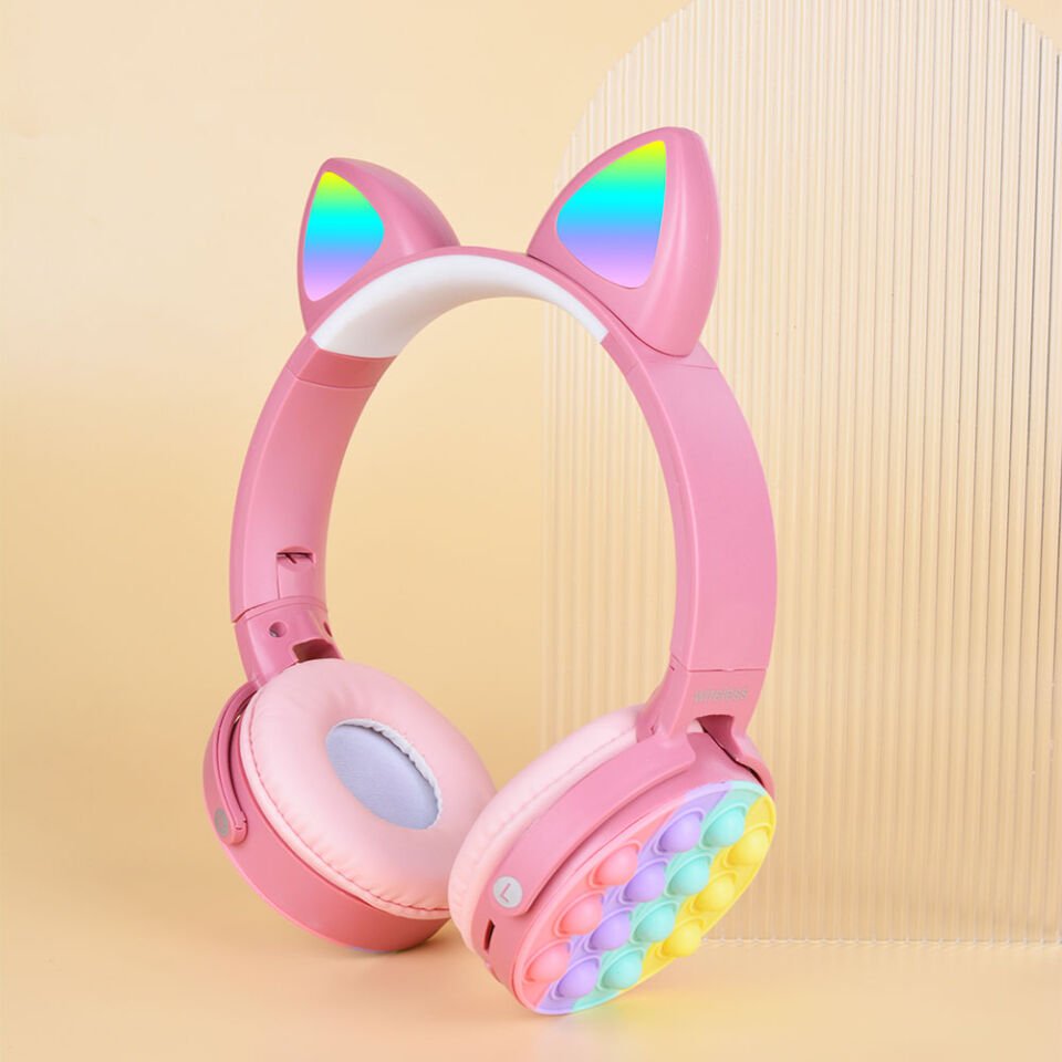 RGB Led Işıklı Kedi Kulağı Band Tasarımı Katlanabilir Kulak Üstü Bluetooth Kulaklık (CXT-950) Pembe