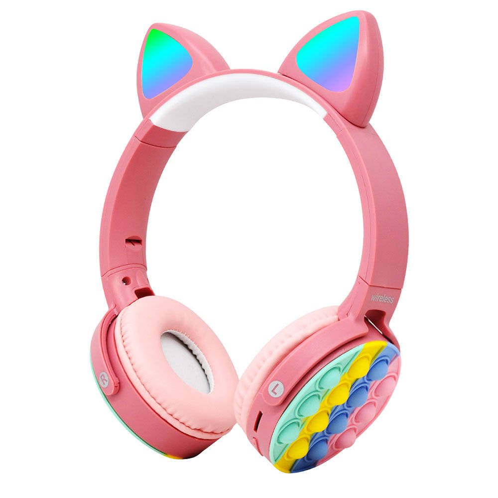 RGB Led Işıklı Kedi Kulağı Band Tasarımı Katlanabilir Kulak Üstü Bluetooth Kulaklık (CXT-950) Pembe