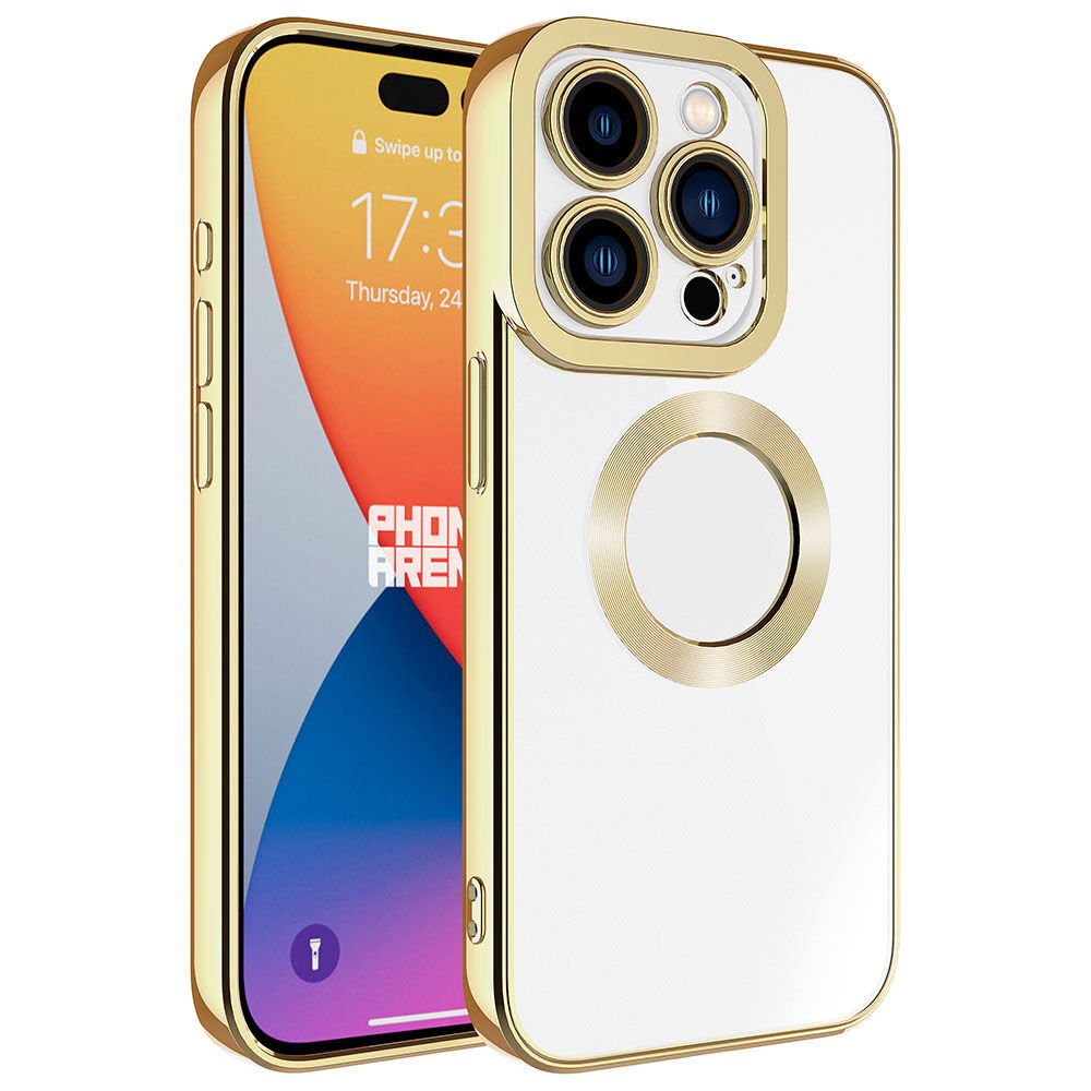 iPhone 15 Pro Max Kılıf Kamera Lens Korumalı Logo Gösteren Parlak Kenarlı Kapak (OMEGA) Gold